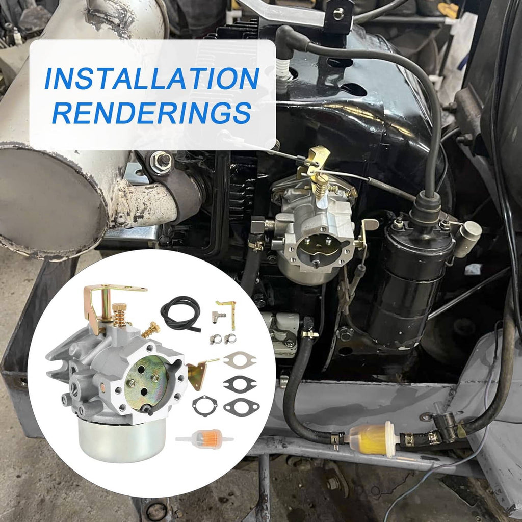 Carburetor installed in small engine compartment with hoses and wiring
