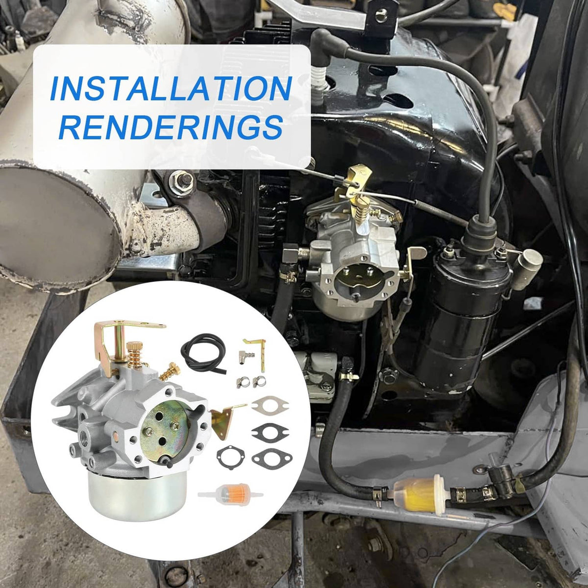 Carburetor installed in small engine compartment with hoses and wiring