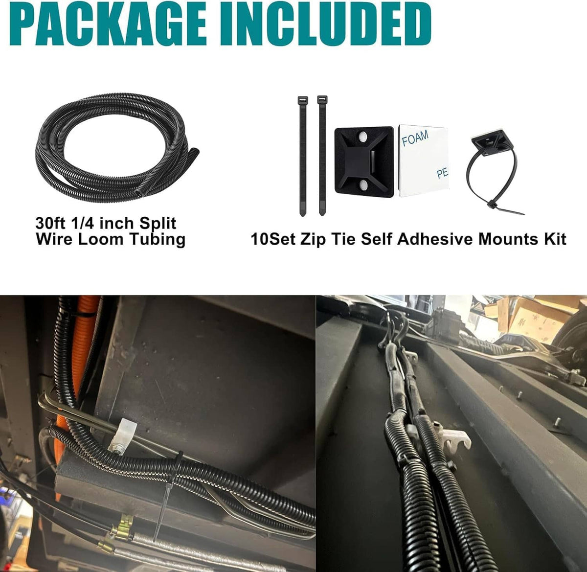 Black split wire loom tubing kit with cable ties and mounting bracket pieces