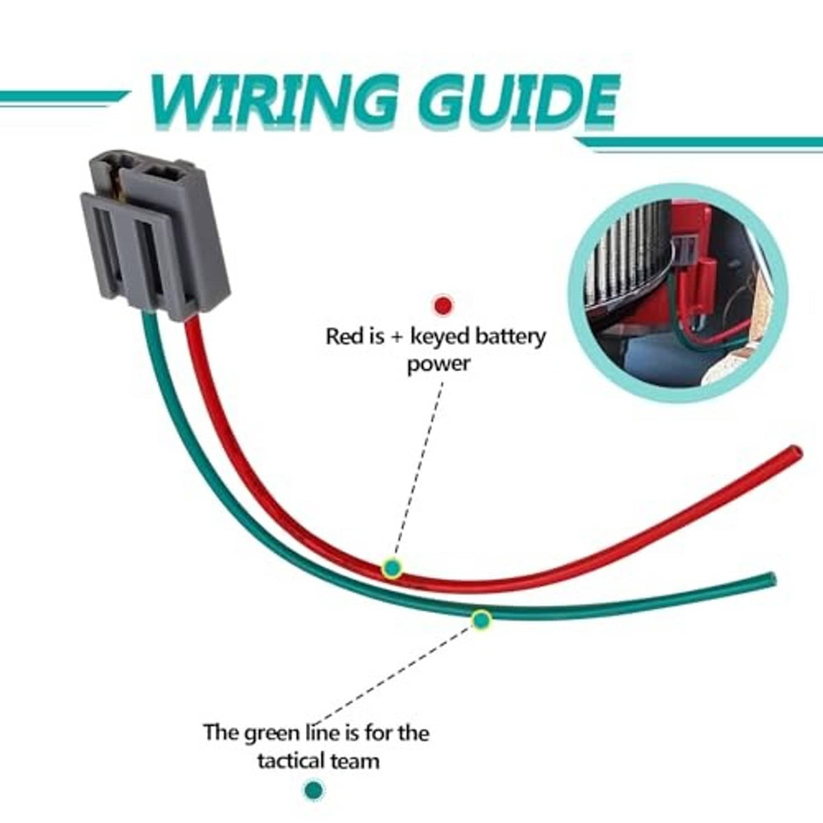 Gray connector pigtail wiring with red and green wires and black zip-tie loop