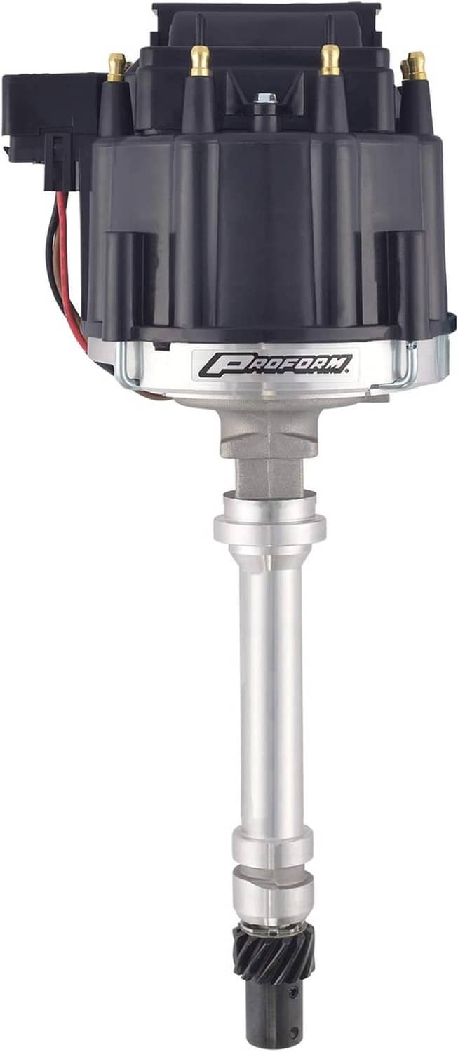Race distributor assembly with black housing, gold terminal posts, and long silver shaft