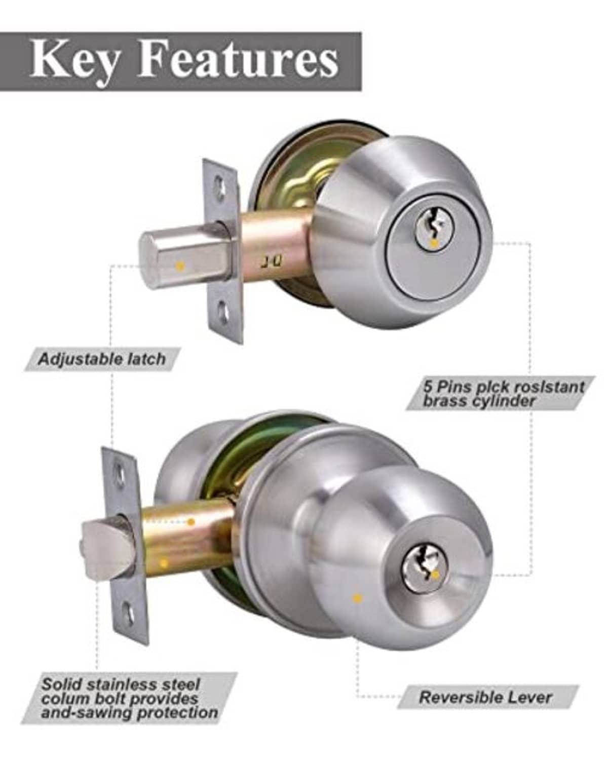 Keyed deadbolt lockset showing latch, reversible lever, and anti-pick cylinder.