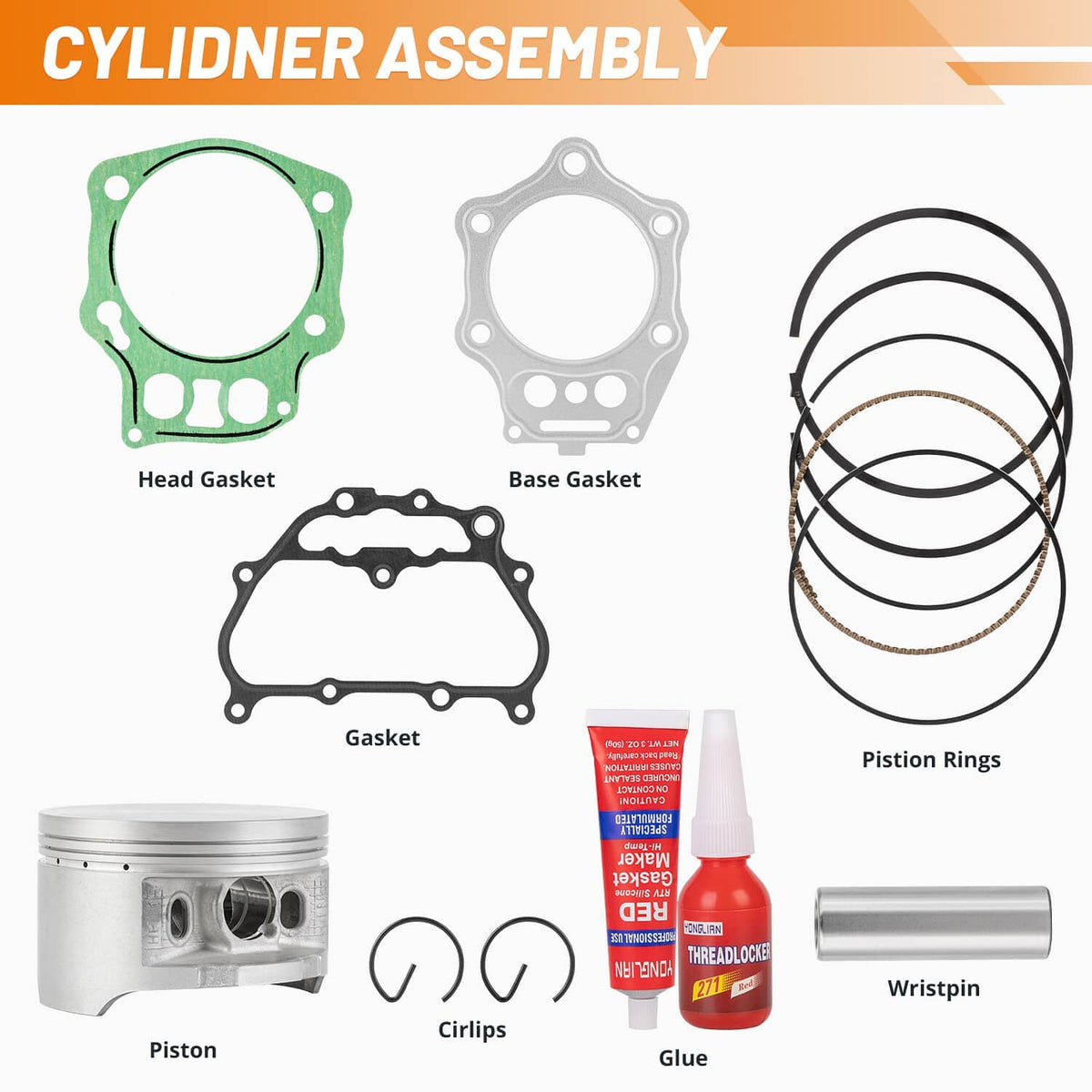 Top end kit parts: gaskets, piston rings, wrist pin, circlips, and glue