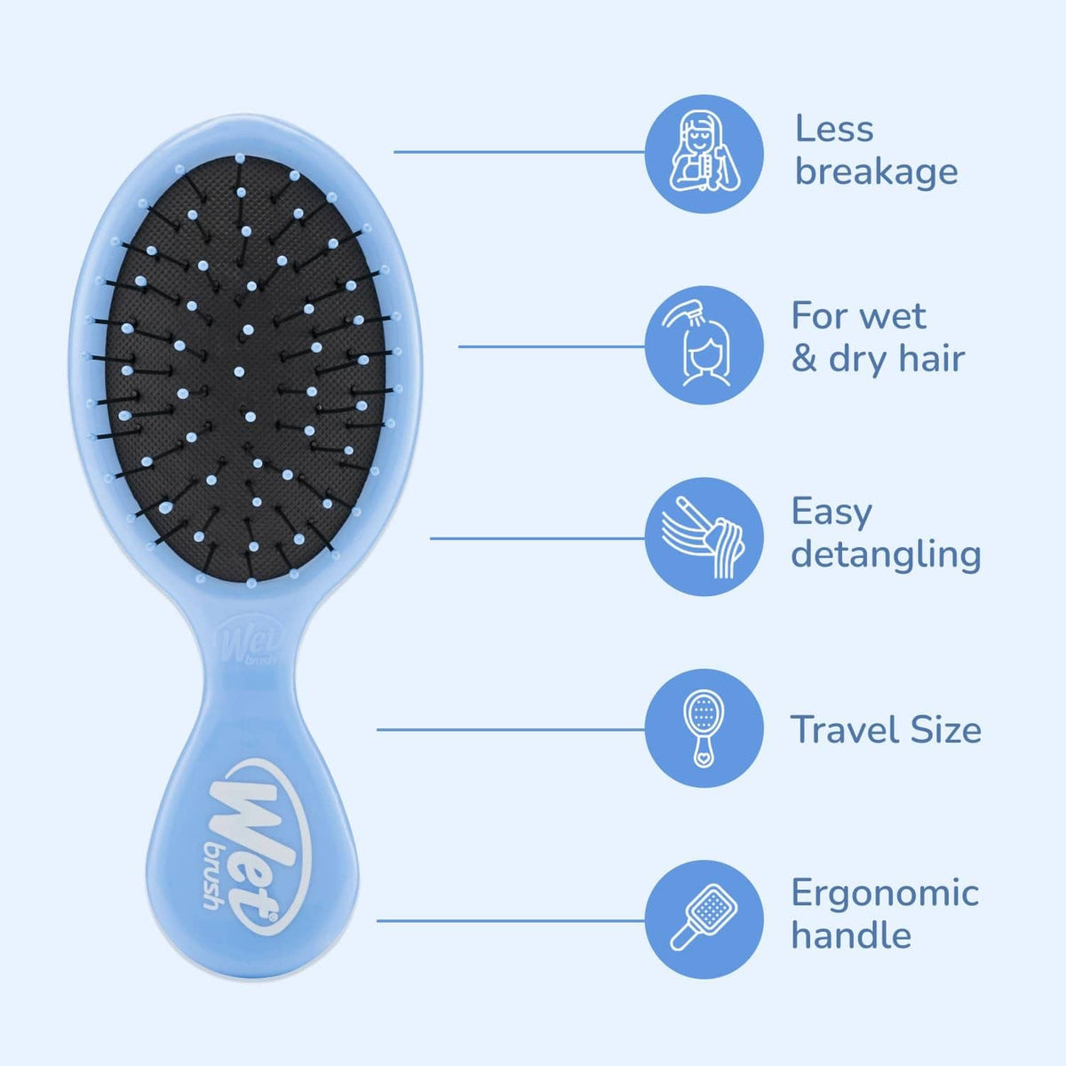 Sky detangling brush with oval head, dark pin bristles, ergonomic light-blue handle