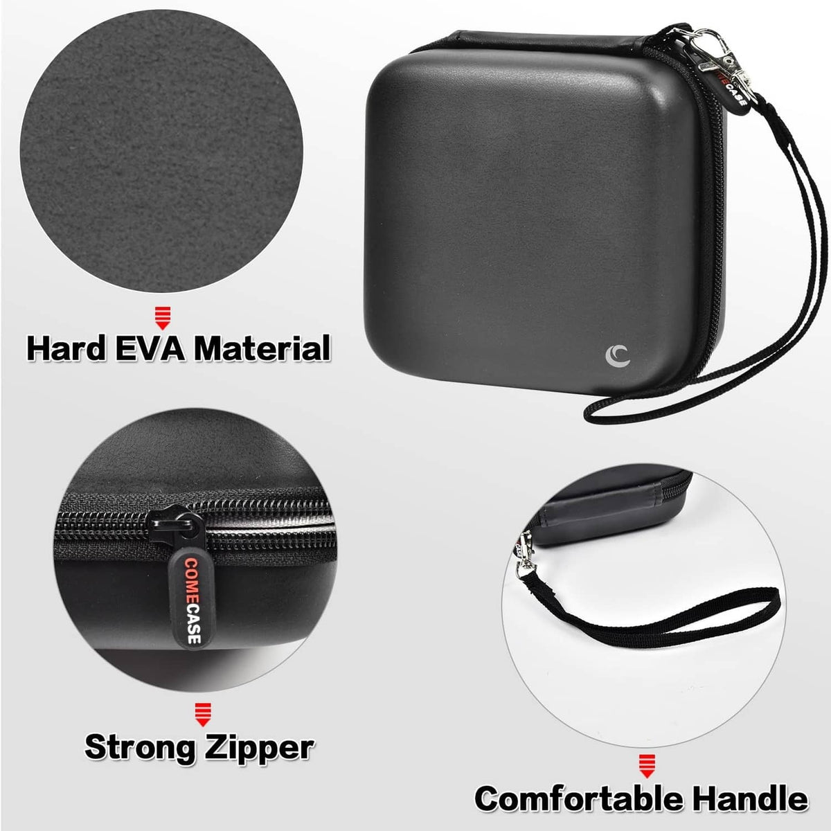 Dark hard EVA case with strong zipper, mesh handle strap detail