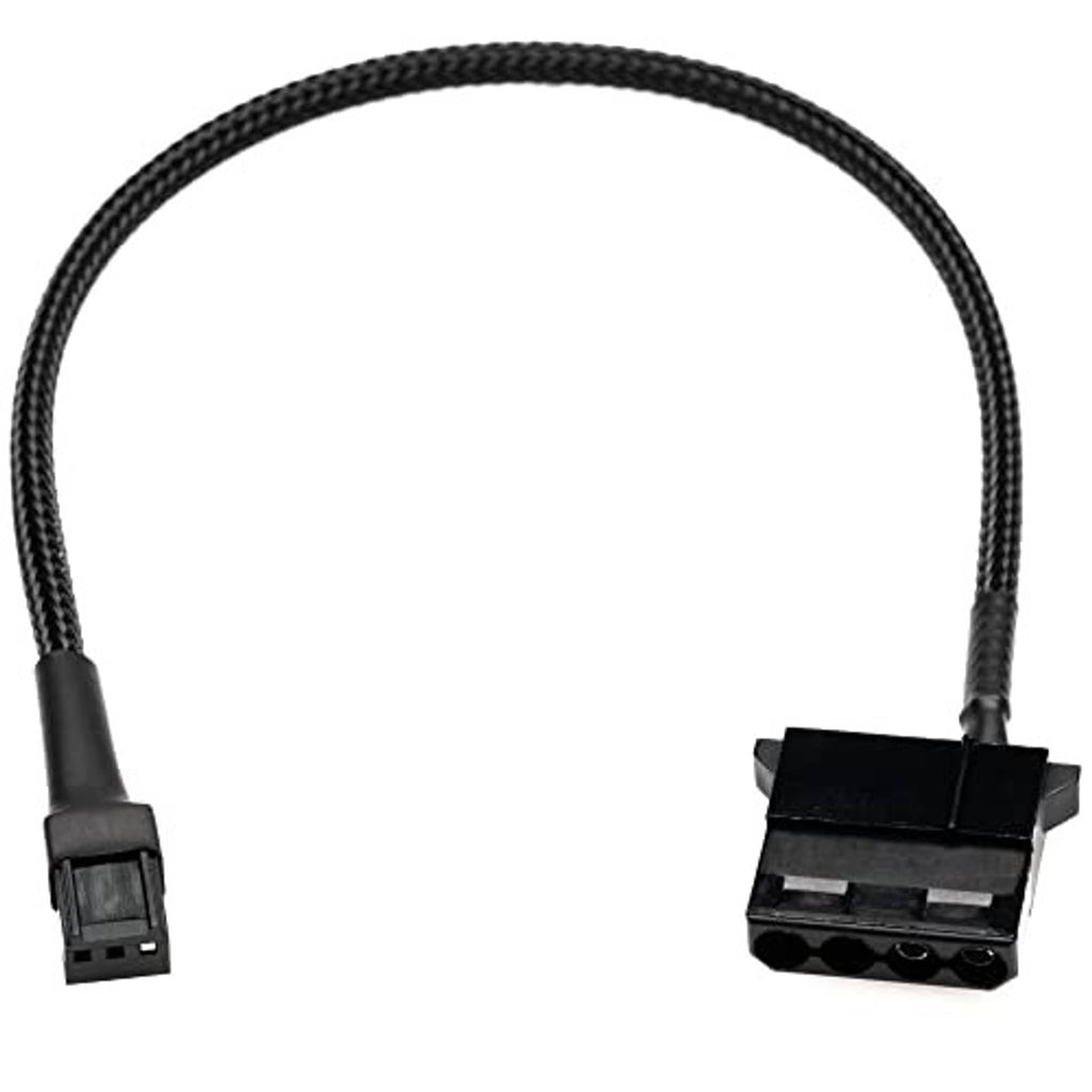 4-pin Molex to 3-pin fan header adapter cable with black braided sleeve and plug ends