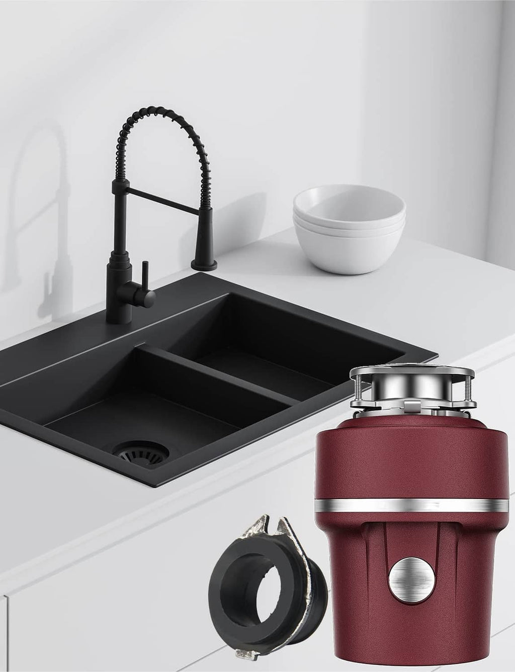Black rubber flex coupler for garbage disposal, shown with drain connection