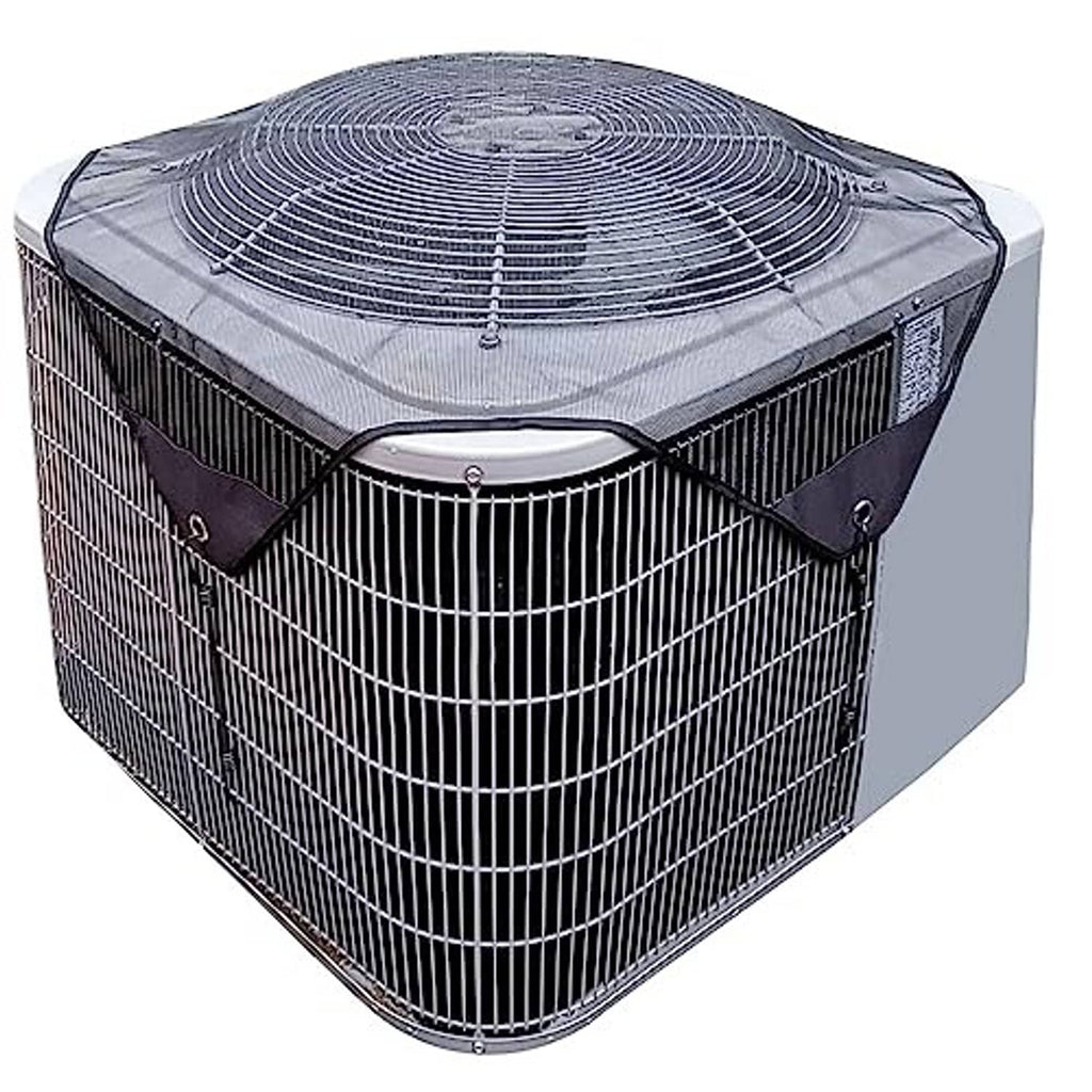 Central AC unit cover for outdoor condenser, gray top panel and black mesh with hook straps.