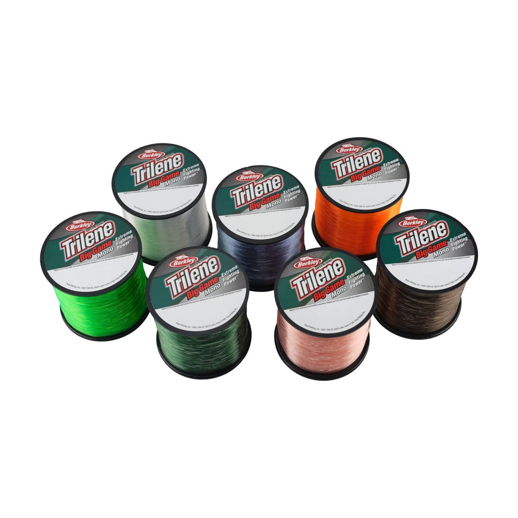 Assorted Berkley Trilene Big Game monofilament line spools in multiple colors