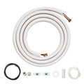 Insulated mini split line connection set with coiled white tubing and copper pipe fittings