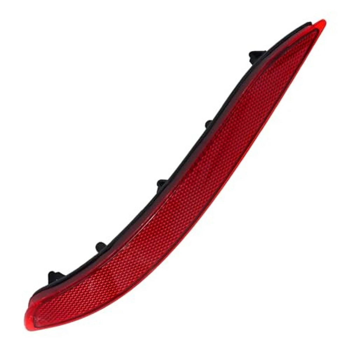 Red rear bumper reflector lens with black housing and several mounting tabs