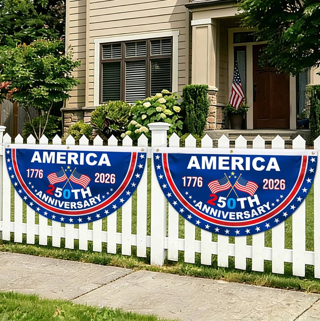 USA 250th anniversary bunting: two blue semicircle banners with America text and stars