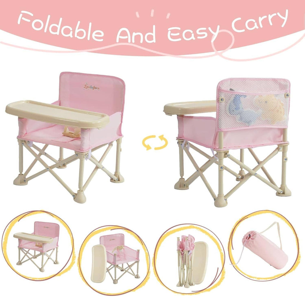 Pink folding baby booster chair with cream tray and mesh storage back, easy carry