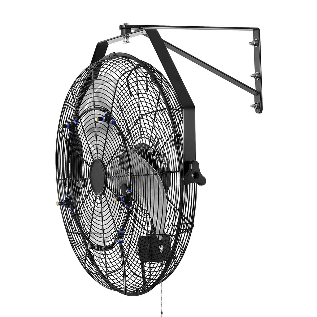Wall-mounted mist fan shown from the side with wire grille and wall bracket