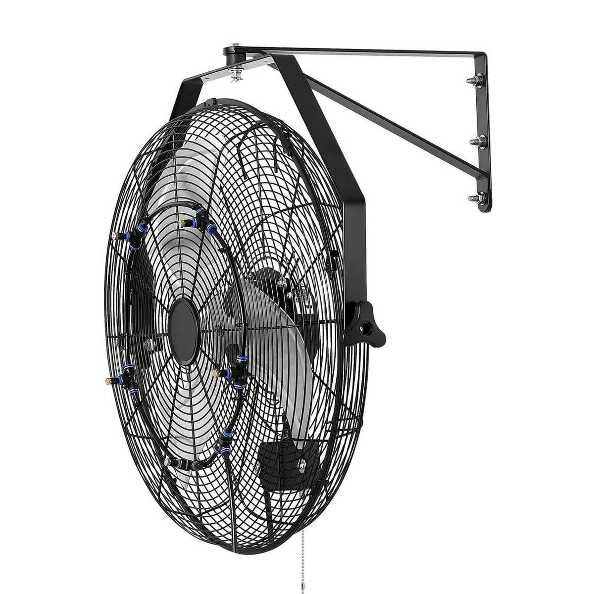 Wall-mounted mist fan shown from the side with wire grille and wall bracket