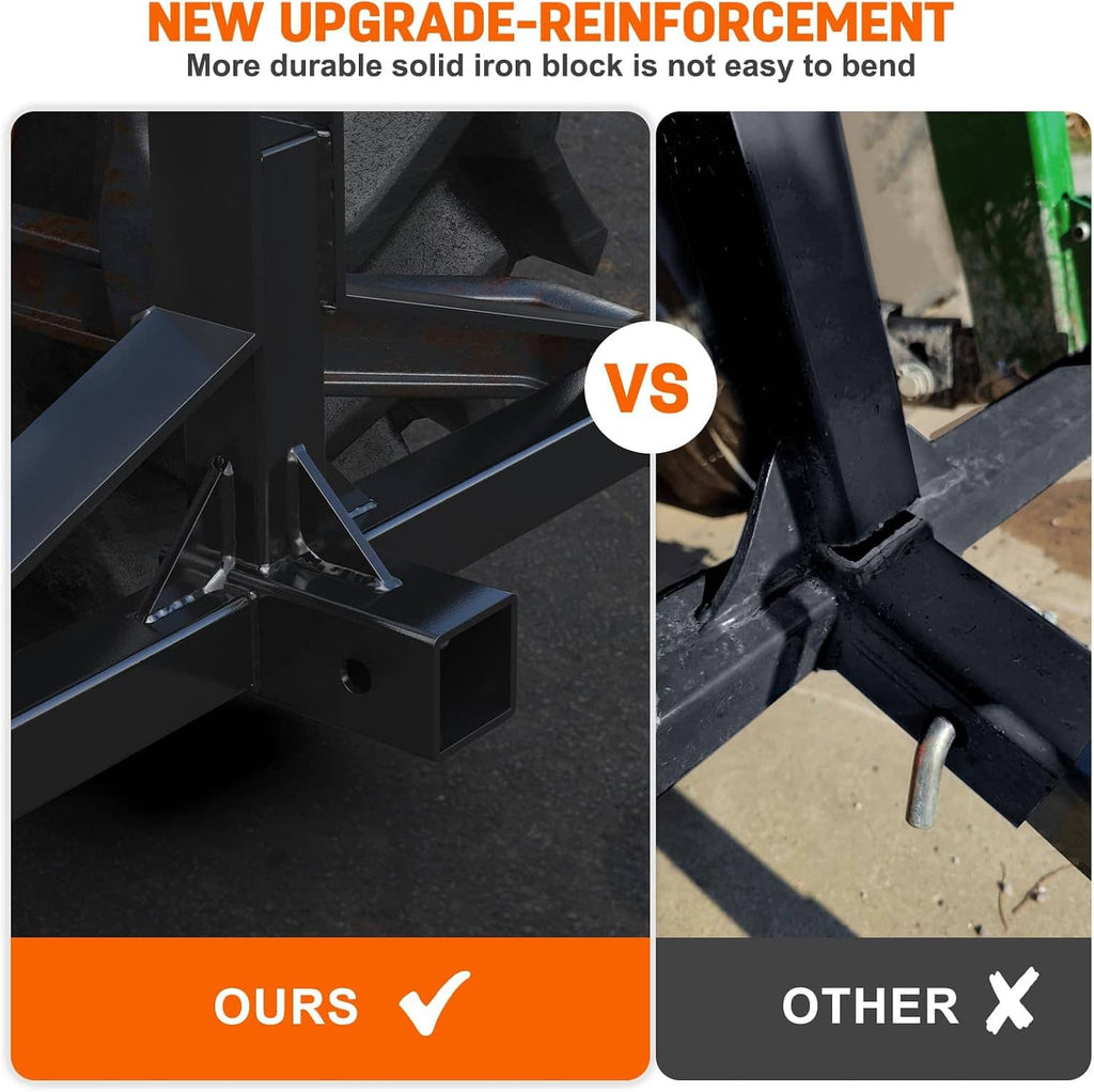 Reinforced black steel hitch receiver block with heavy welded joints and base plate