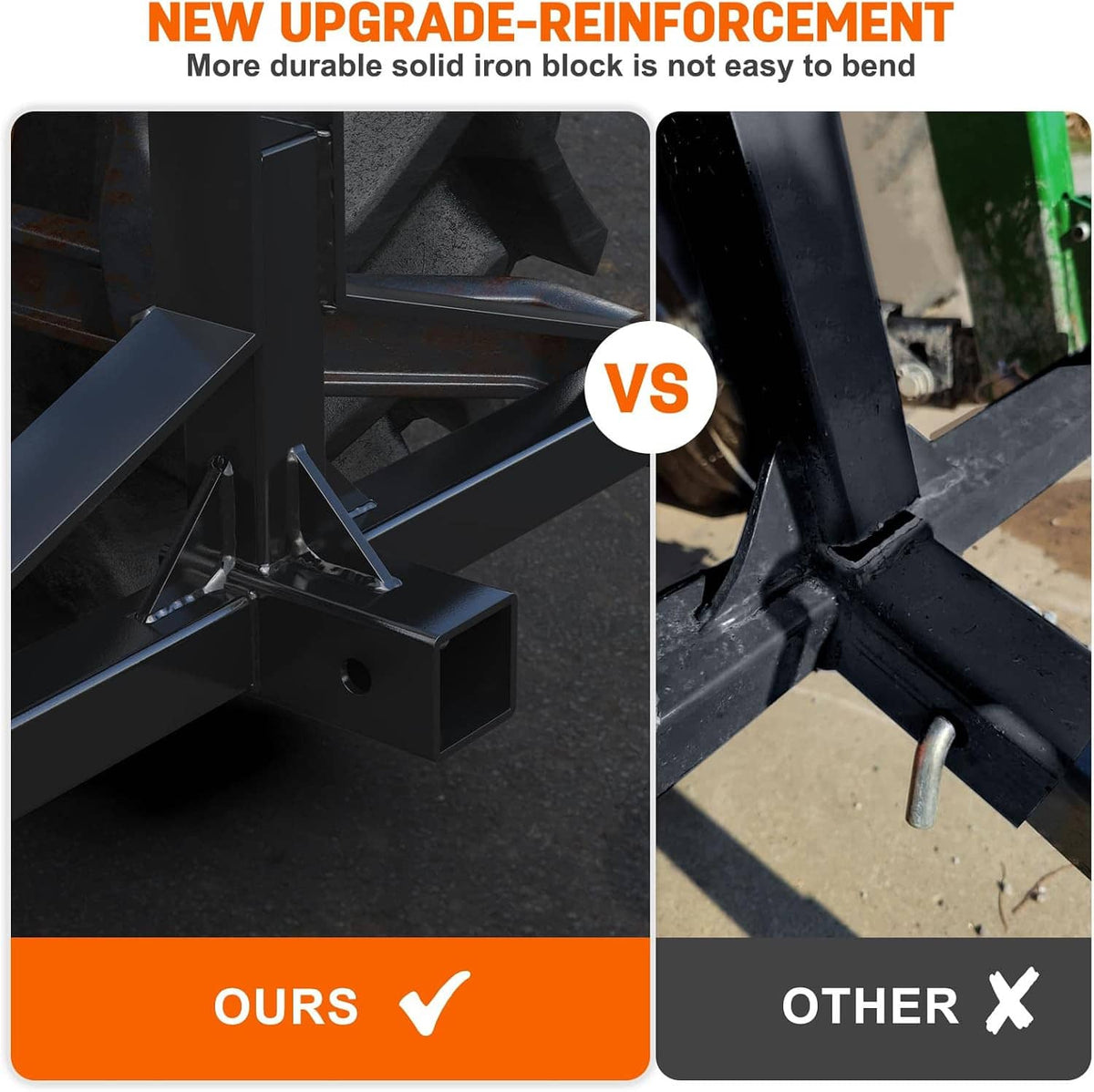 Reinforced black steel hitch receiver block with heavy welded joints and base plate