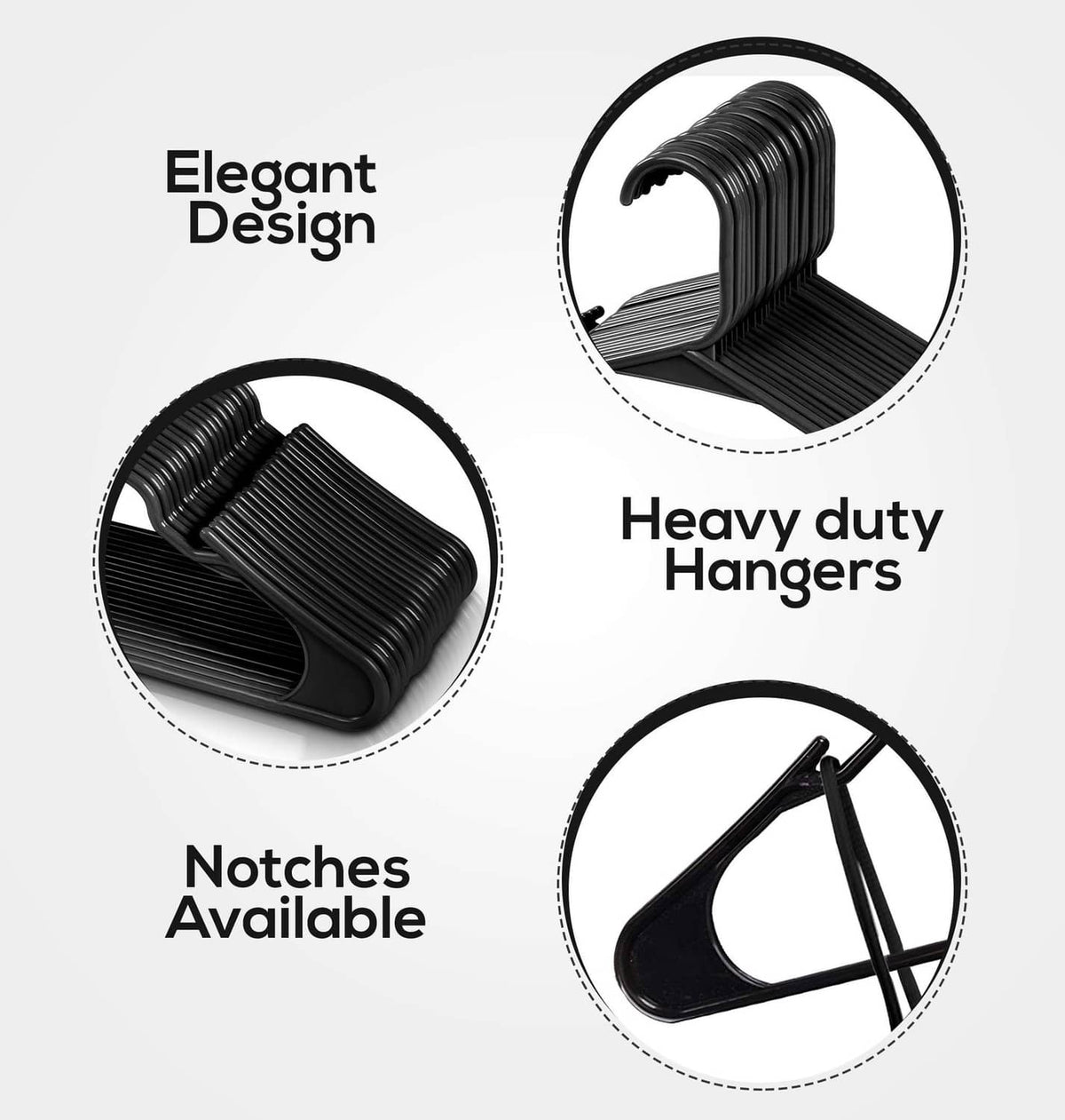 Black plastic clothes hangers with ridged grip surface and reinforced heavy-duty design