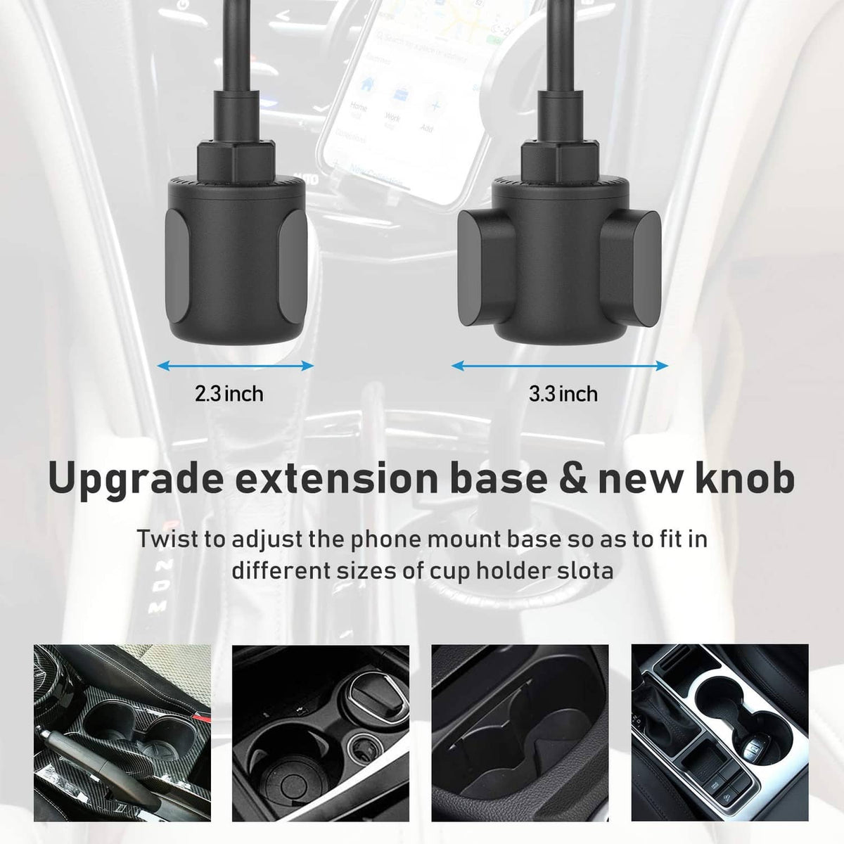 Black extension base with knob for cup holder phone mount height adjustment
