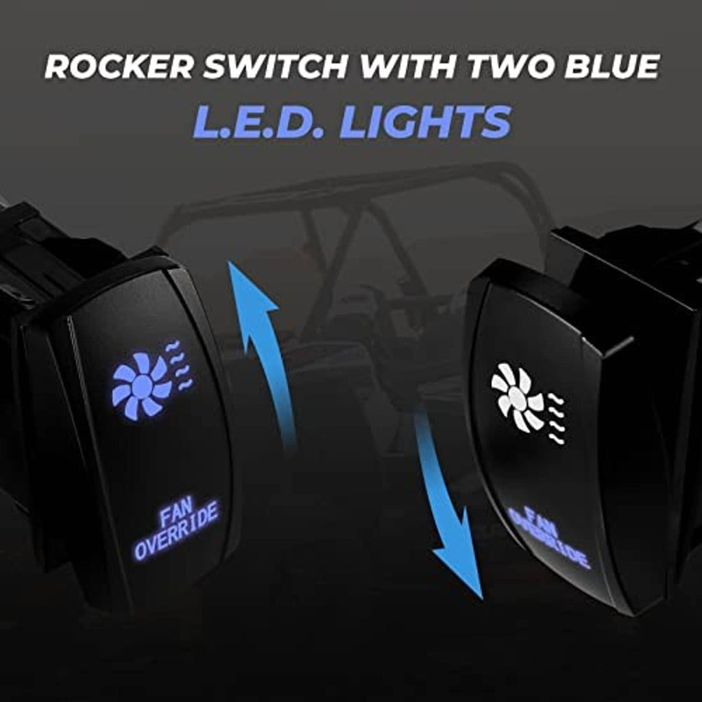 Black rocker fan override switch with two blue LED light indicators