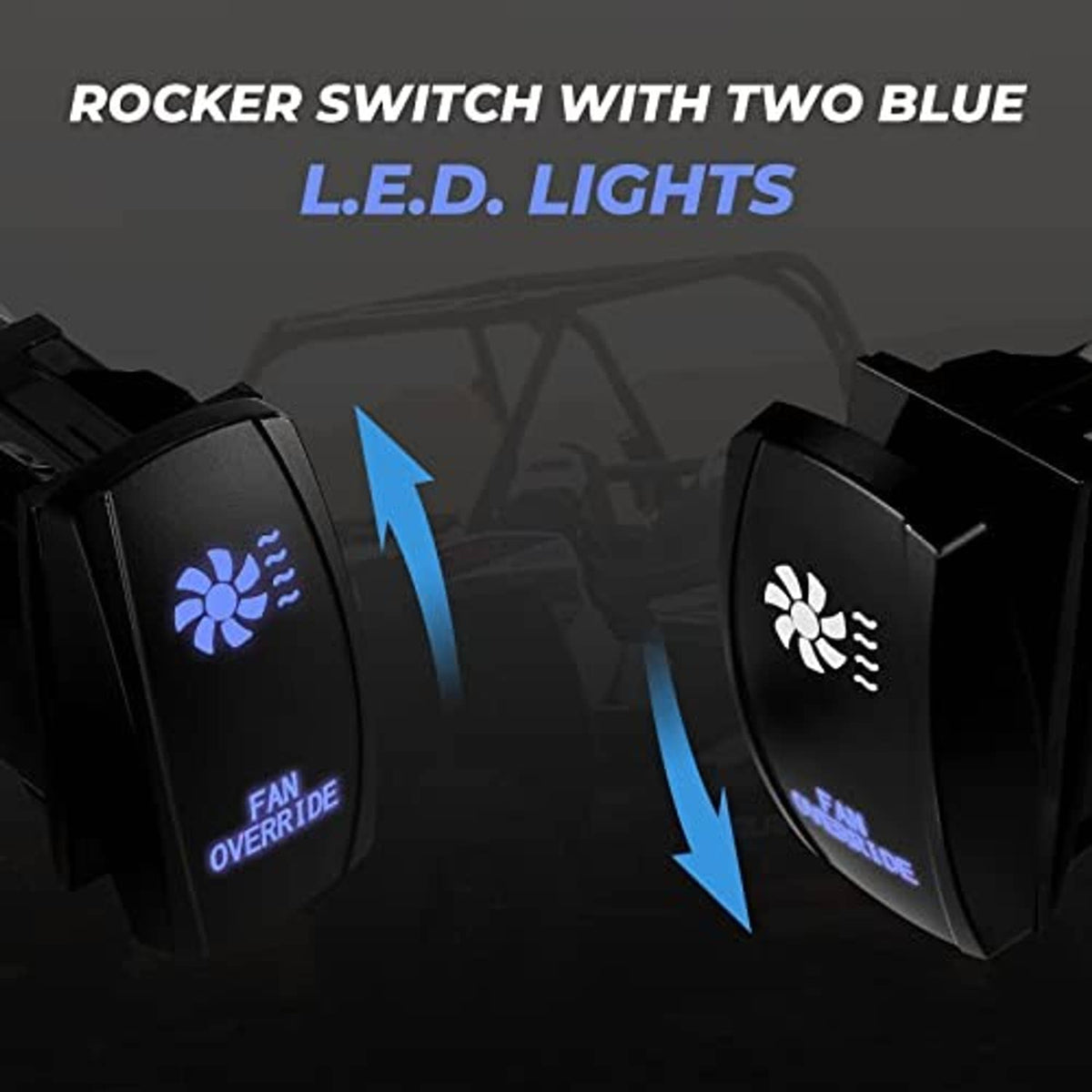 Black rocker fan override switch with two blue LED light indicators