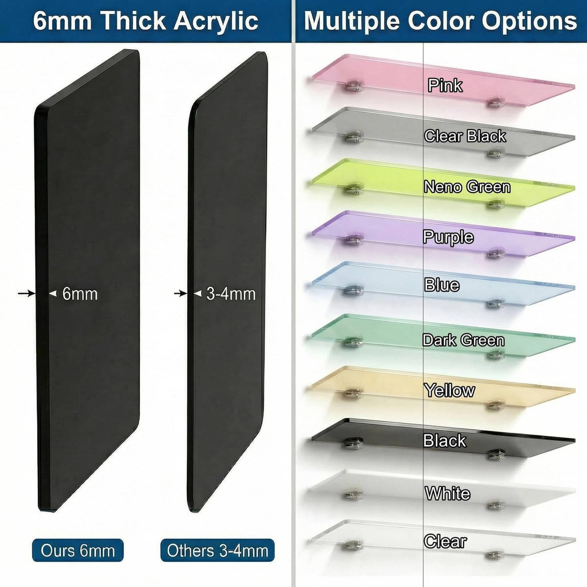 Black acrylic floating shelf panel showing 6 mm thickness and mounting posts