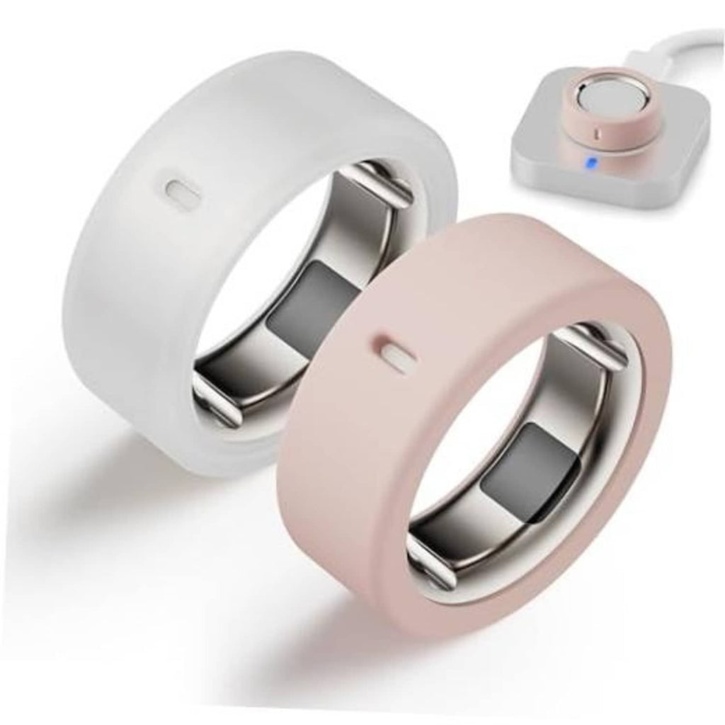 Clear and pink silicone Oura ring protector case with open metal sensor cover