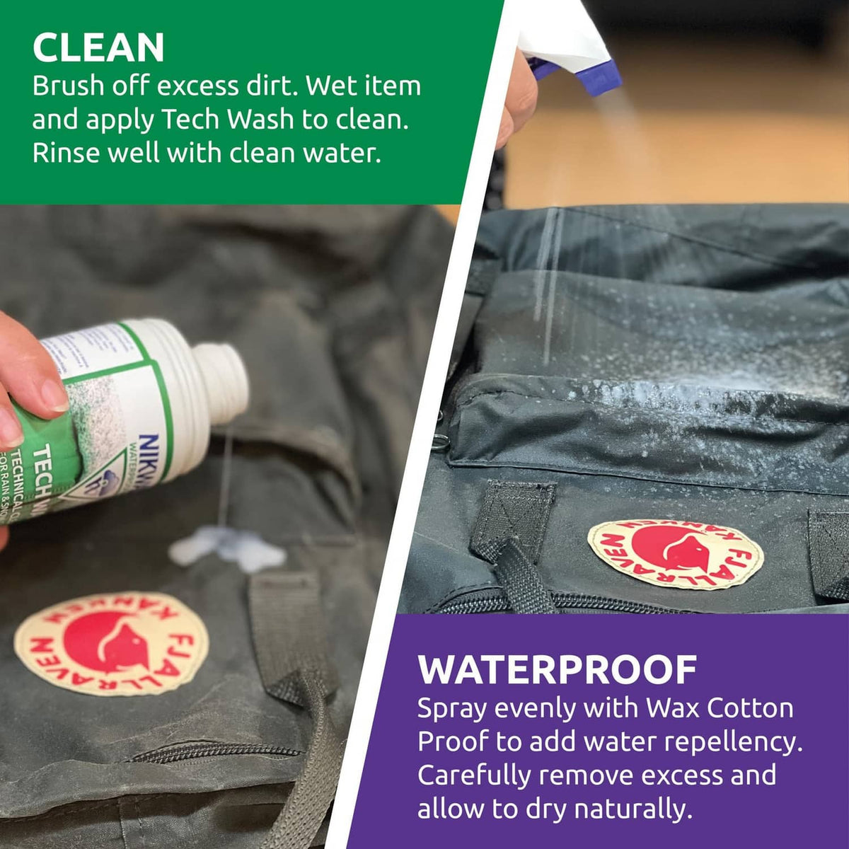 Dark wax jacket fabric with Nikwax waterproofing bottle; spray evenly and let dry