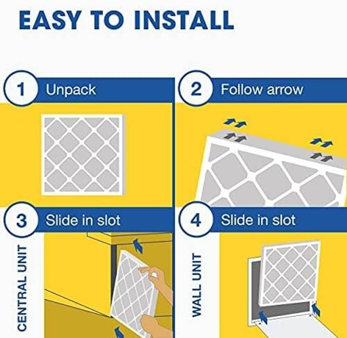 HVAC air filter installation steps, slide pleated filter into the wall slot