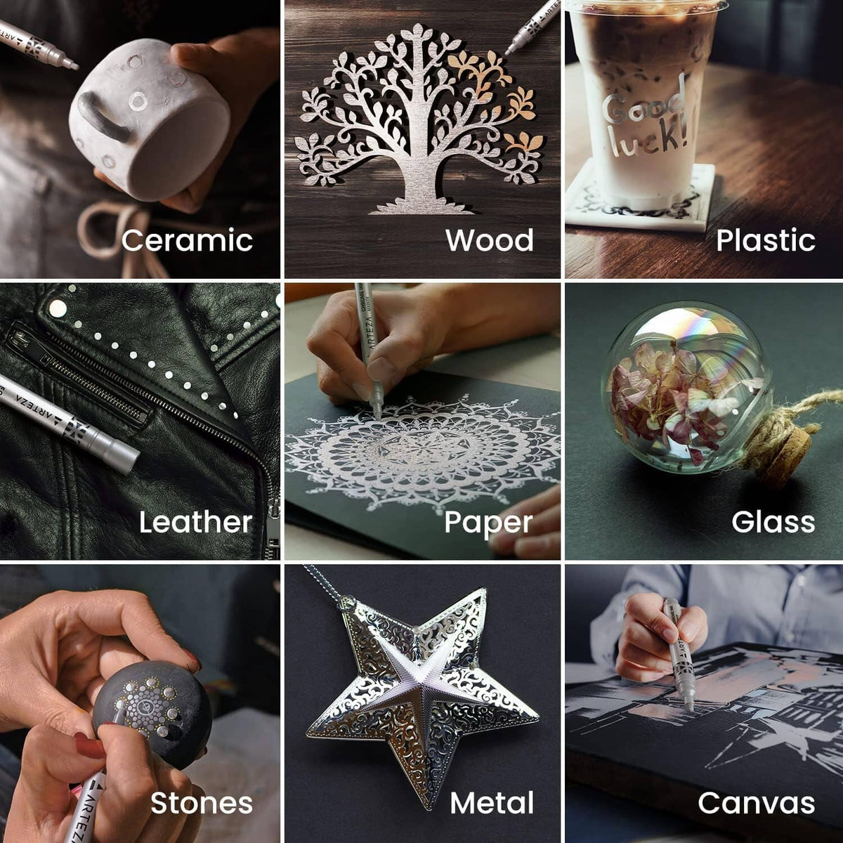 Chrome ink marker shown with test samples on ceramic, wood, paper, leather, glass