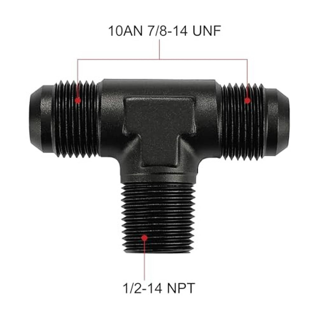 Black 10AN tee fitting, 7/8-14 UNF to 1/2-14 NPT side branch