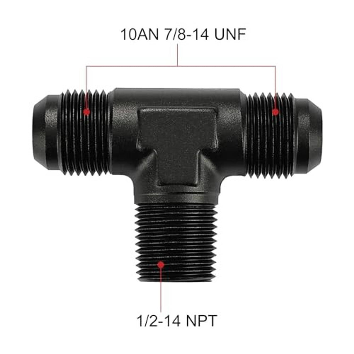 Black 10AN tee fitting, 7/8-14 UNF to 1/2-14 NPT side branch