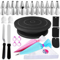 Cake decorating kit with black 11-inch turntable and stainless piping tips, couplers and spatulas