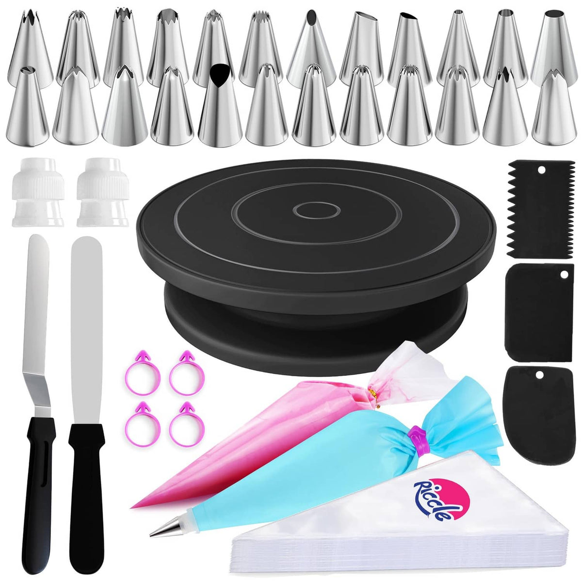 Cake decorating kit with black 11-inch turntable and stainless piping tips, couplers and spatulas