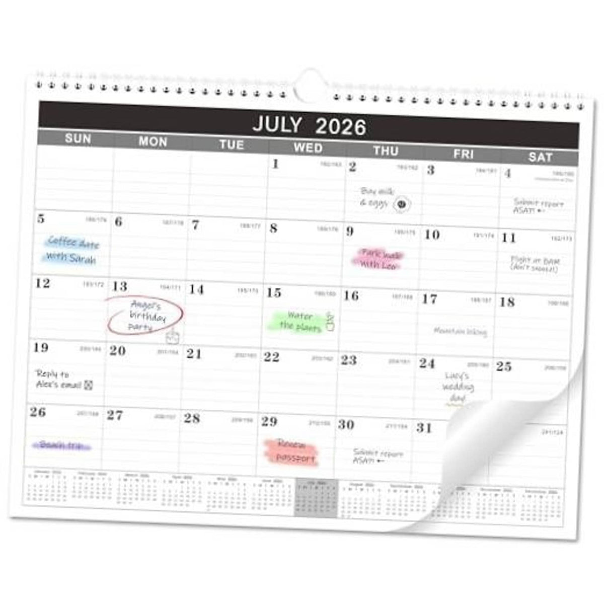 Large wall calendar page for July 2026 with weekday grid and handwritten-style notes