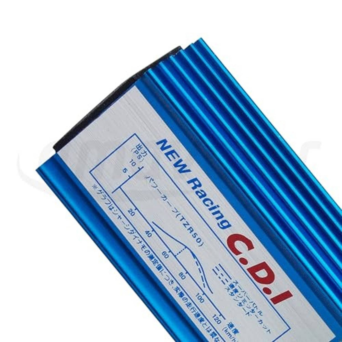 Close-up of blue 5-pin AC CDI ignition box label and finned casing