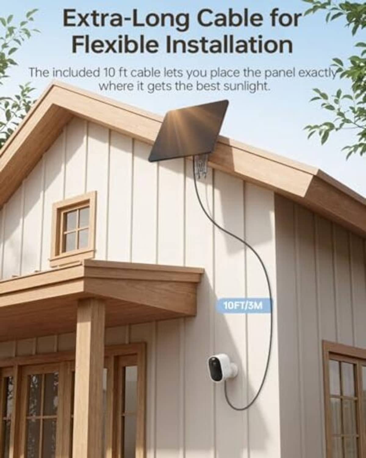 Flexible solar panel with extra-long 10 ft cable for mounting on an outdoor wall
