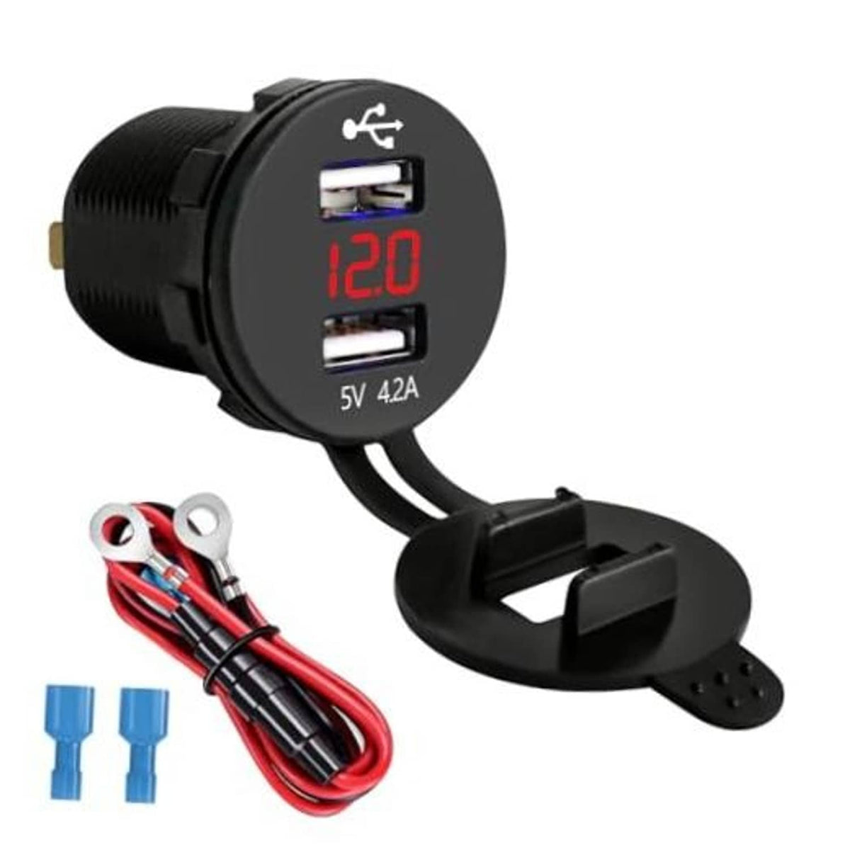 Black dual USB car charger with red digital volt display and cable terminals