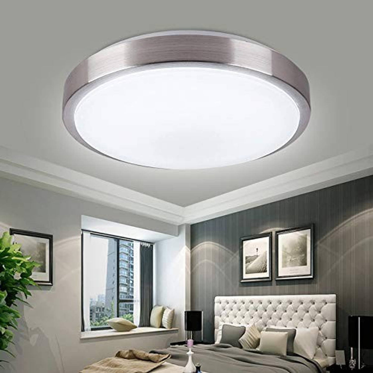 Brushed metal round LED flush-mount ceiling light with frosted glass diffuser glow