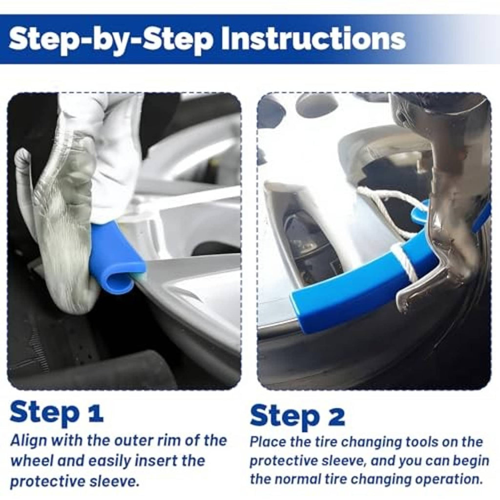 Blue rim protector sleeve placed on a wheel rim during tire change