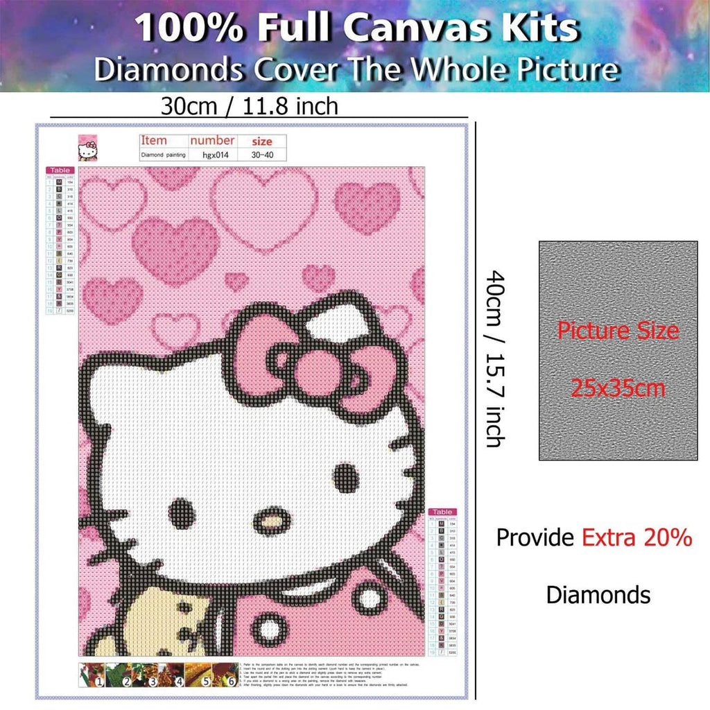 Diamond painting size chart and Hello Kitty heart canvas diagram