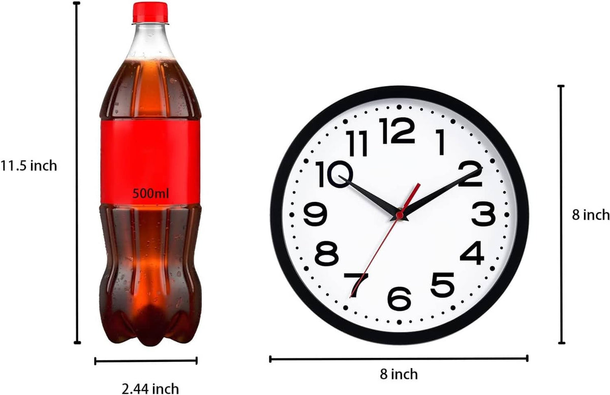 Wall clock size diagram showing black-and-white clock with red second hand, 8-inch