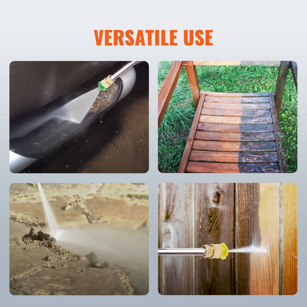 Gas pressure washer nozzle spraying water on concrete and wood surfaces