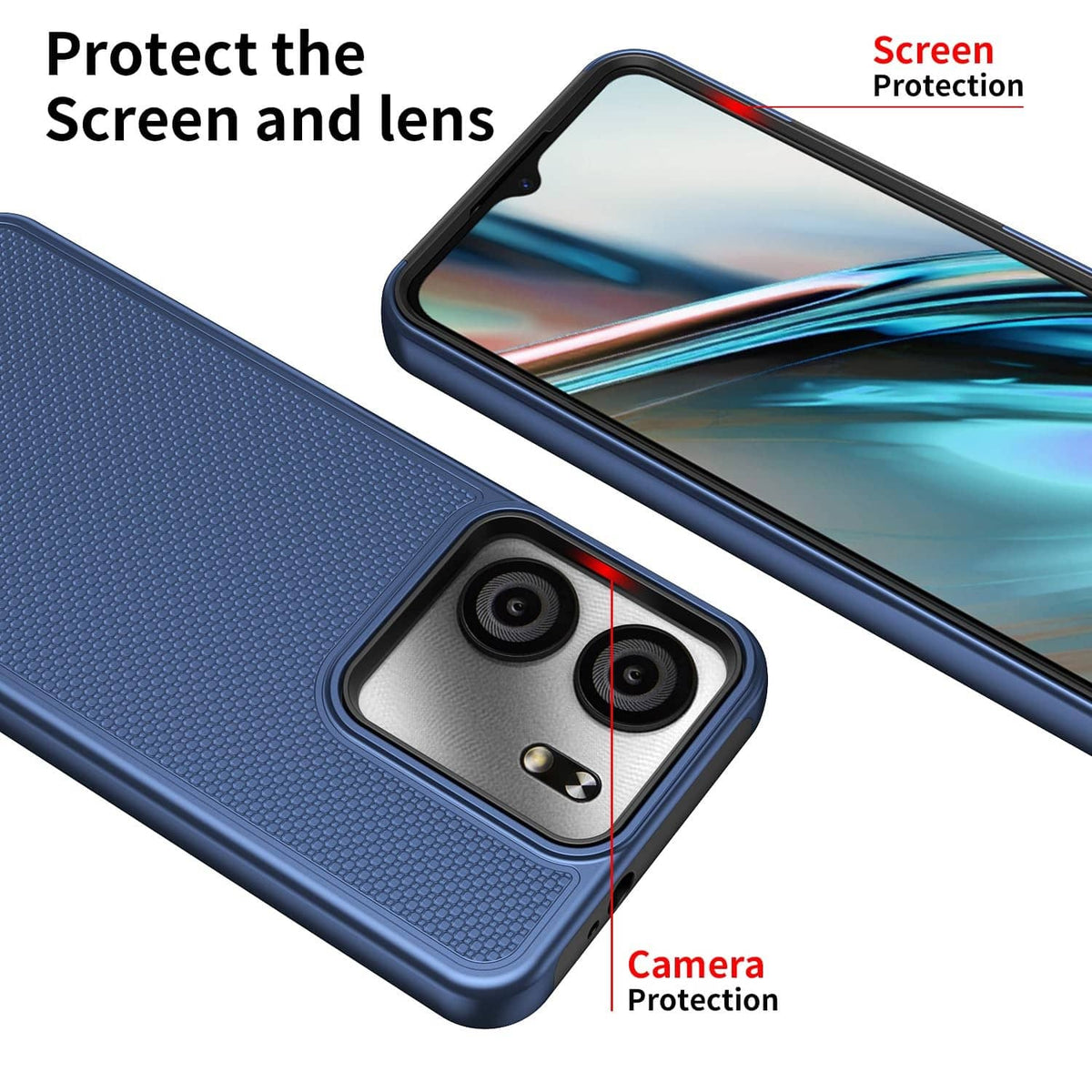 Blue rugged phone case with textured grip, camera protection, and tempered glass screen cover