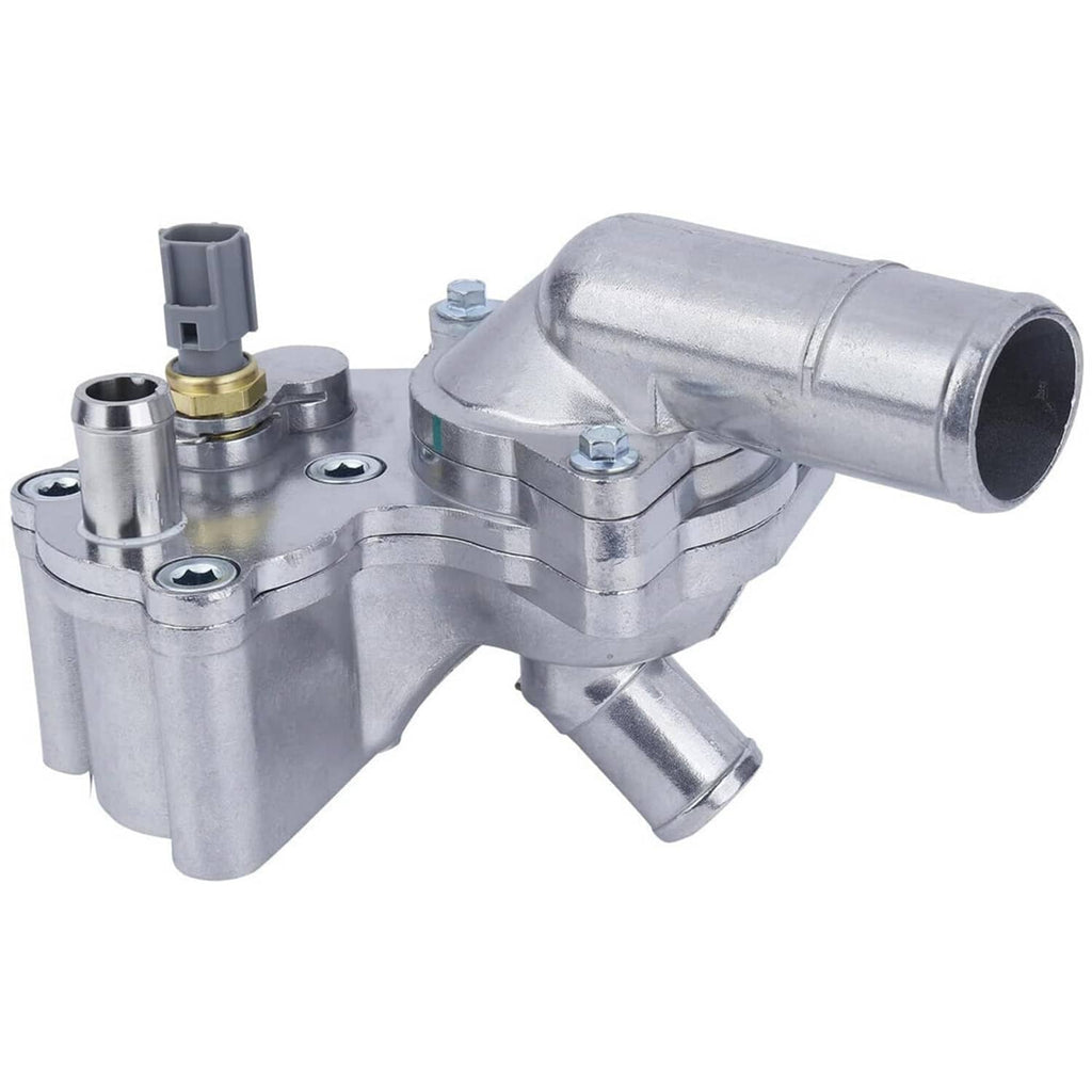Aluminum alloy thermostat housing with sensor connector and hose ports, silver finish