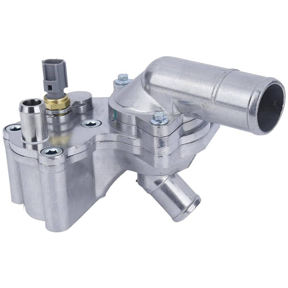 Aluminum alloy thermostat housing with sensor connector and hose ports, silver finish