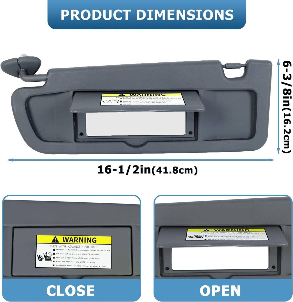 Dark gray sun visor set with 16-1/2 in length, open/close design, mounting clips and label