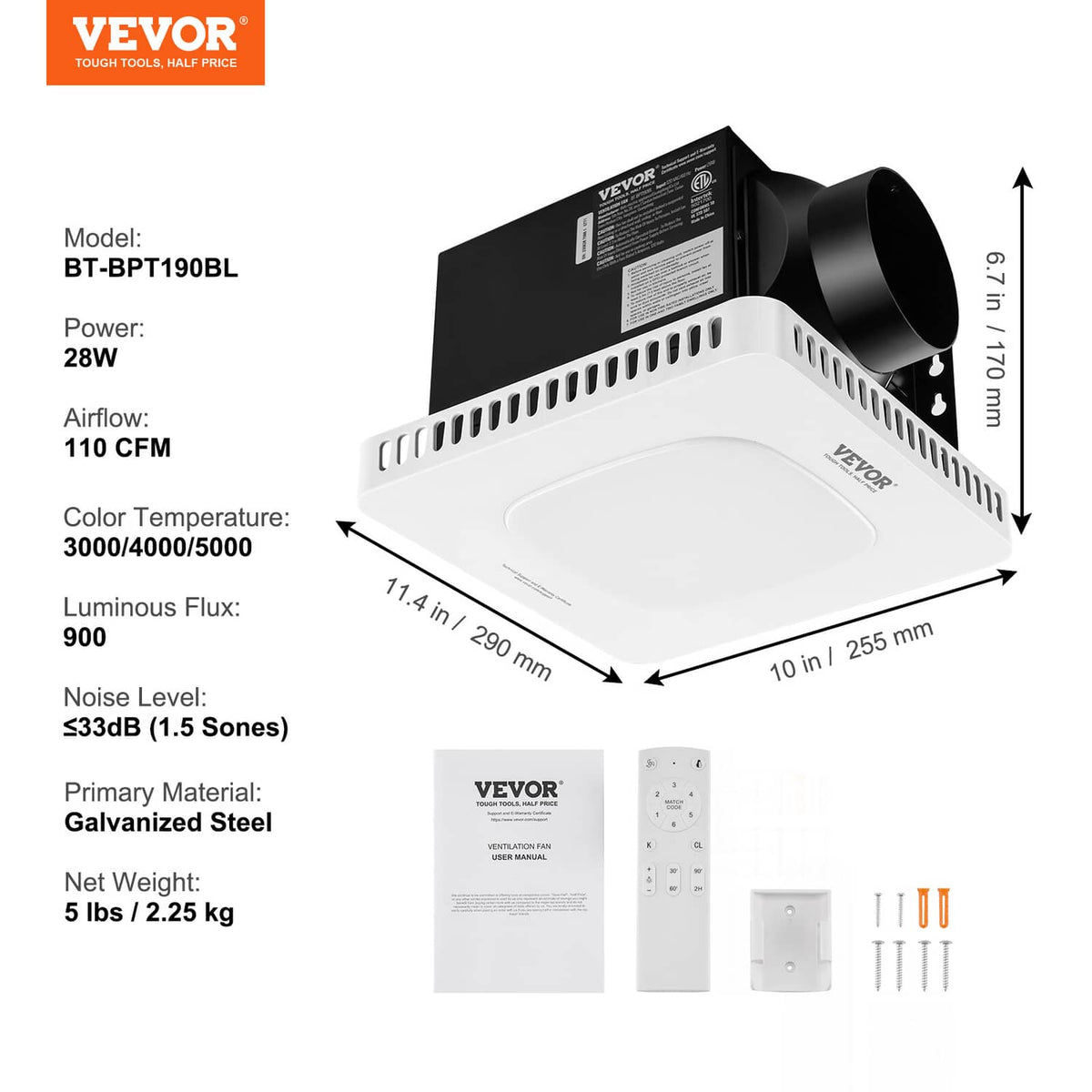Bathroom exhaust fan with LED light, product diagram with dimensions and control panel