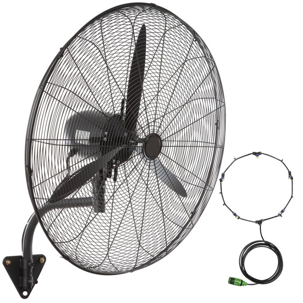 Wall-mount misting fan with black grille, 5 blades, and included power hose loop