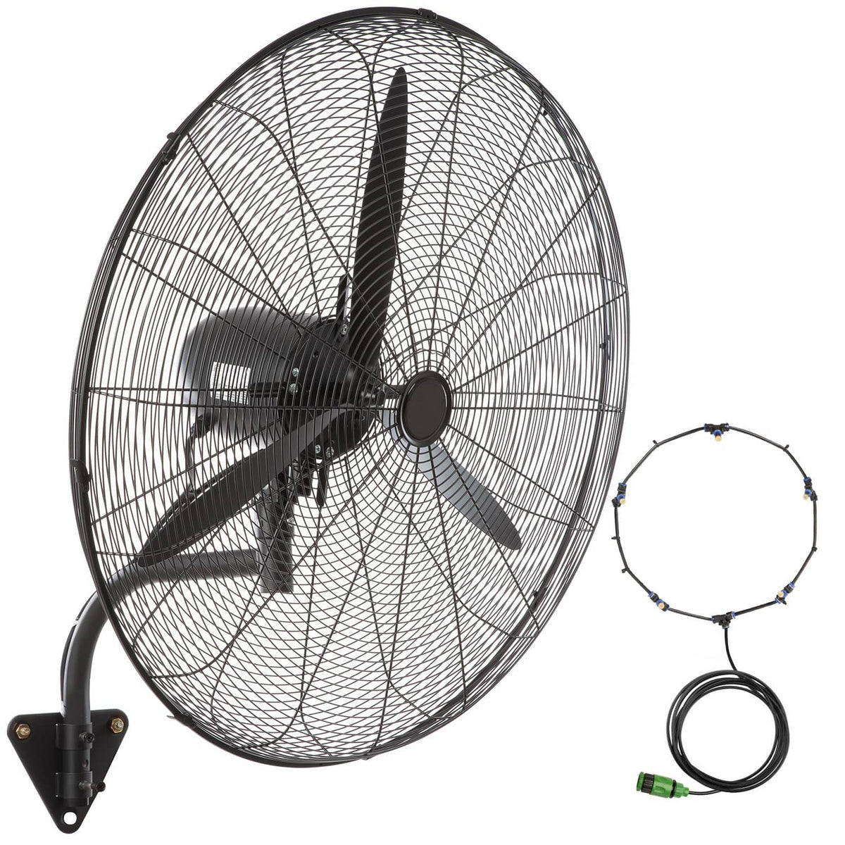 Wall-mount misting fan with black grille, 5 blades, and included power hose loop
